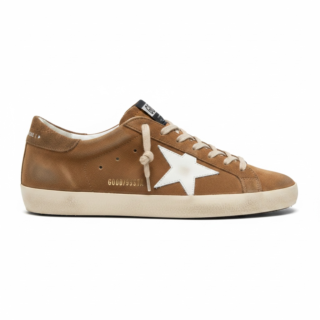 Golden Goose Men’s Super-Star in tobacco suede with white leather star